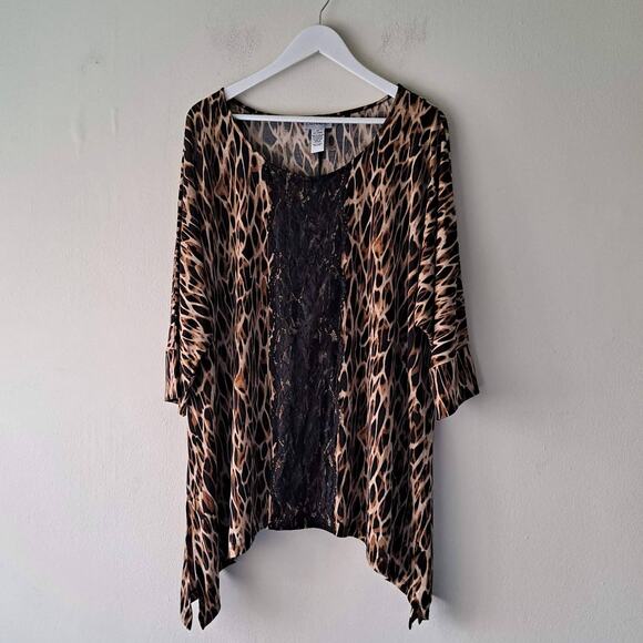 Catherines Brown & Black Animal Print Lace Trim Short Sleeve Top - Size 2X 22/24 - Picture 3 of 11